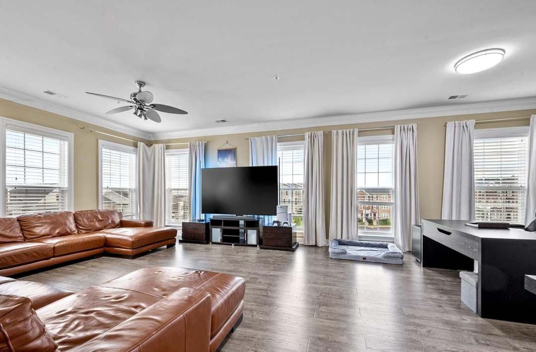 Bright open living room photographed for a real estate listing